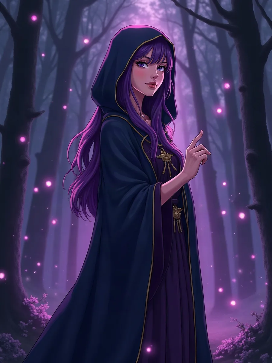 FantasyGF: ilustracja wygenerowana przez AI, czarodziejka w stylu anime o długich fioletowych włosach, w ciemnej szacie z kapturem, w lesie pełnym świetlistych kul