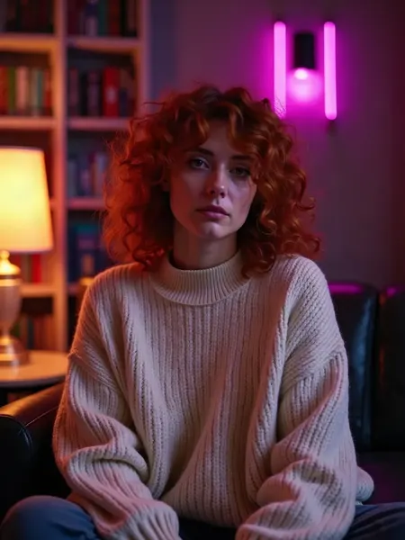 GirlfriendGPT: ilustracja wygenerowana przez AI, rudowłosa kobieta z kręconymi włosami w grubym kremowym swetrze, w bibliotece z ciepłymi lampami