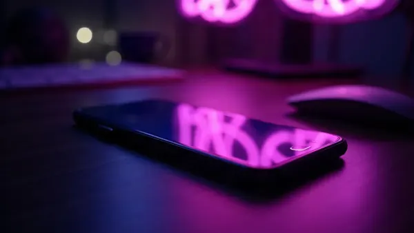 Smartfon na ciemnym biurku, świecące fioletowe refleksy na ekranie (ilustracja do artykułu)