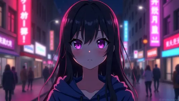 Kobieca postać anime o czarnych włosach w bluzie z kapturem, na ulicy pełnej neonów nocą (ilustracja do artykułu)