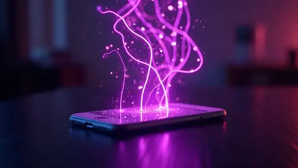 Świetliste linie sieci neuronowej unoszące się nad smartfonem (ilustracja do artykułu)