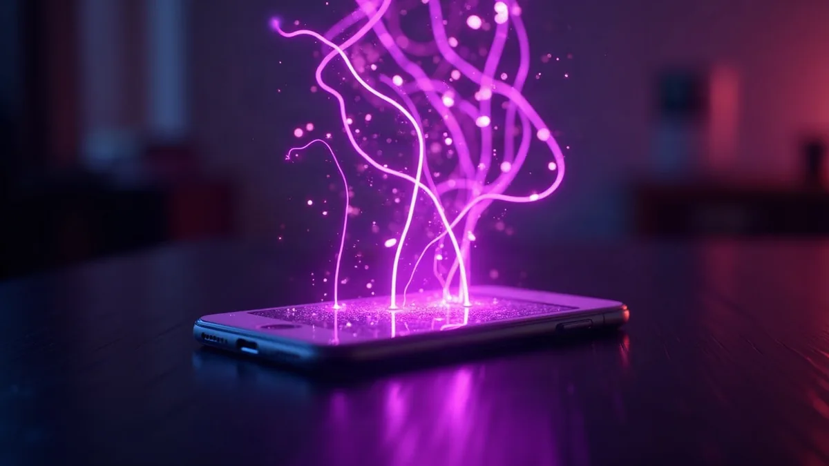 Świetliste linie sieci neuronowej unoszące się nad smartfonem (ilustracja do artykułu)