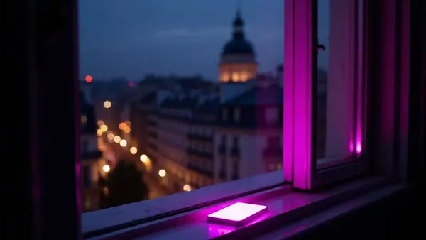 Nocne dachy Paryża widziane z okna, podświetlony smartfon na parapecie (ilustracja do artykułu)