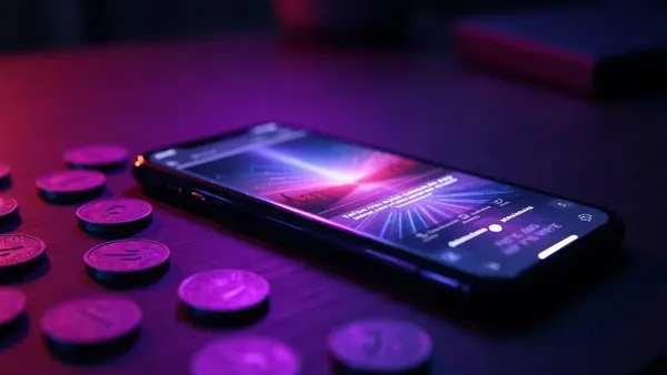 Świecące fioletowe żetony rozsypane wokół smartfona na ciemnym biurku (ilustracja do artykułu)
