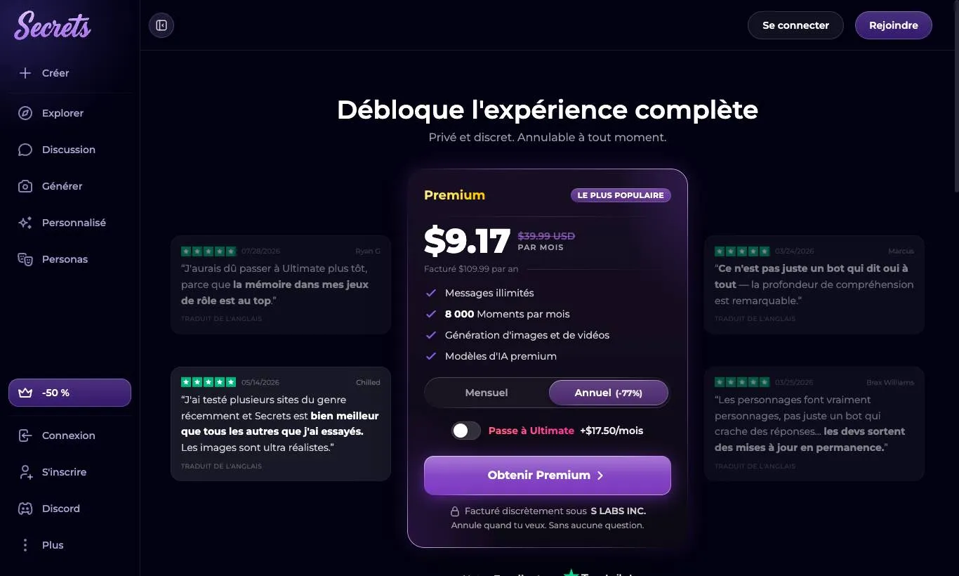 Zrzut ekranu oficjalnej strony subskrypcji Secrets AI, stan na 30.09.2026