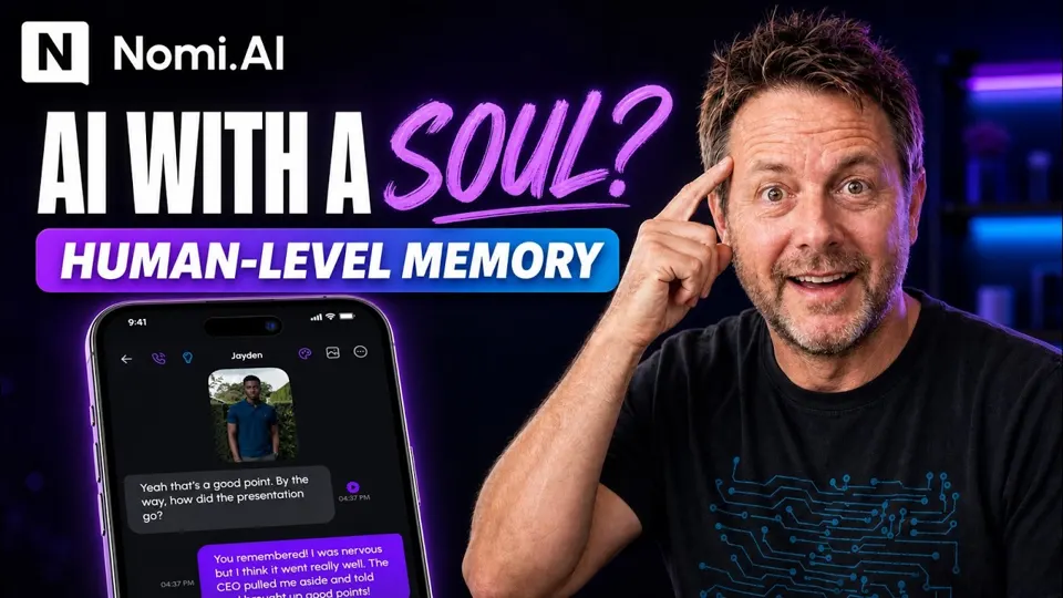 Miniatura filmu na YouTube „Nomi Review | Is This the Future of AI Companions?” (kanał Mason AI Studio)